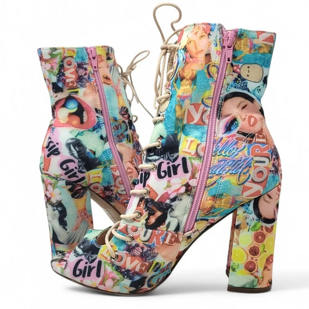 Chase + Chloe Emelia Graffiti Open Toe Lace Up Ankle Boot Heels